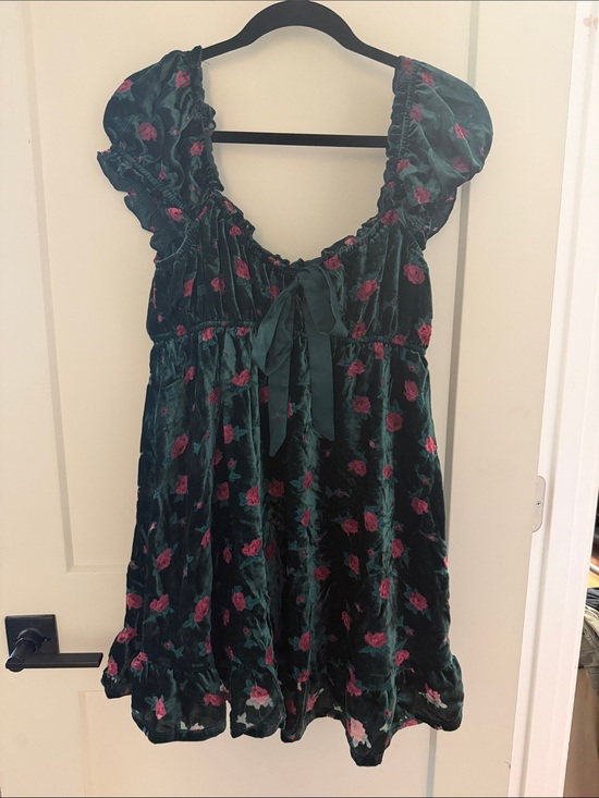 Altar'd State Dresses & Skirts - Altar'd State Emerald Green Velvet Mini Dress with Pink Rose Accents